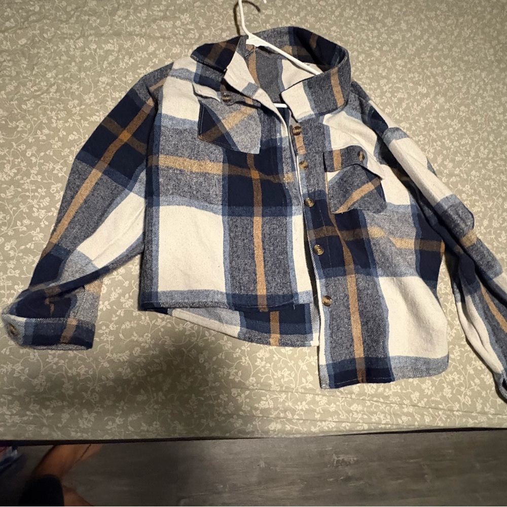 Plaid Button-Front Shacket - Blue, White & Tan
